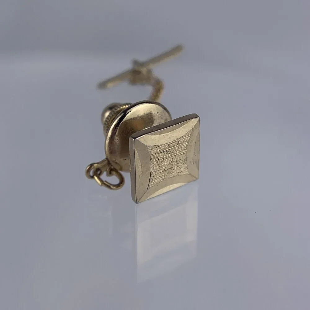 Square Simple Gold Tone Tie Tack Pin Carved Brushed Metal Vintage